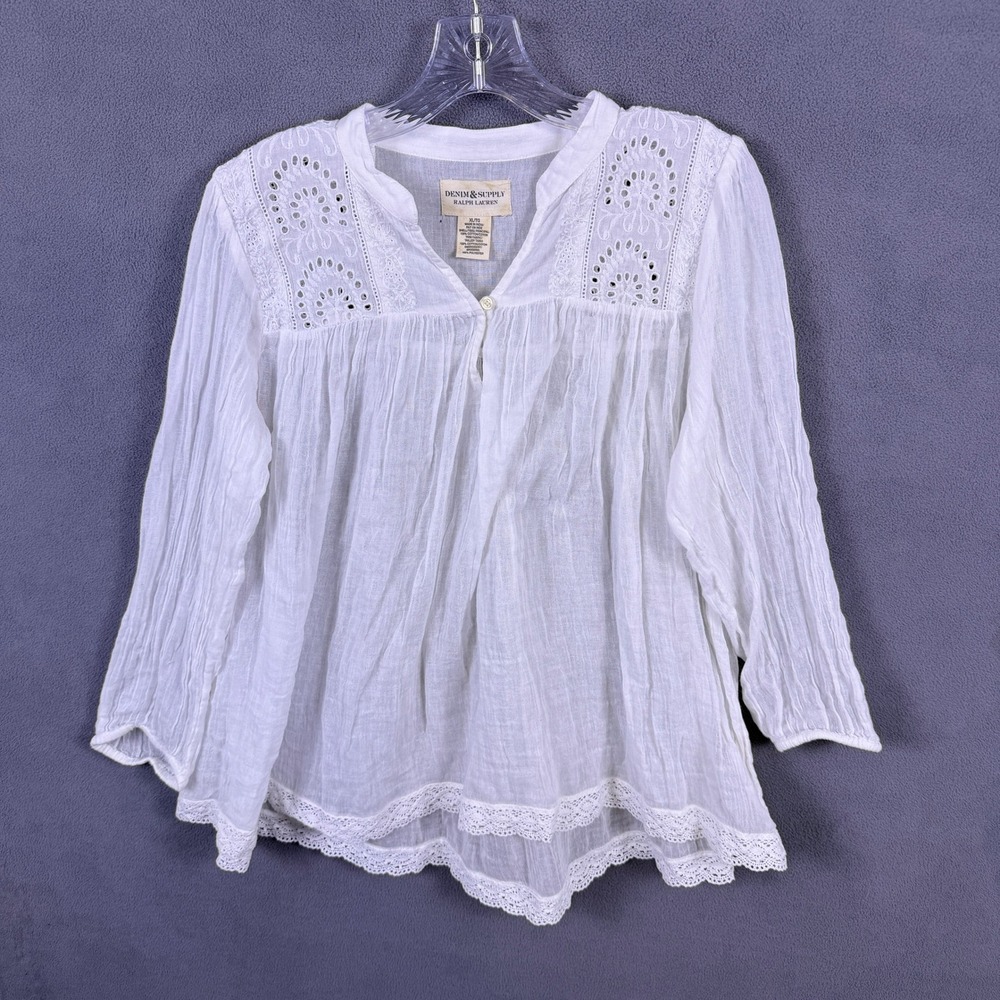 Denim & Supply Ralph Lauren Peasant Blouse Womens XL White Eyelet Lace Boho Top